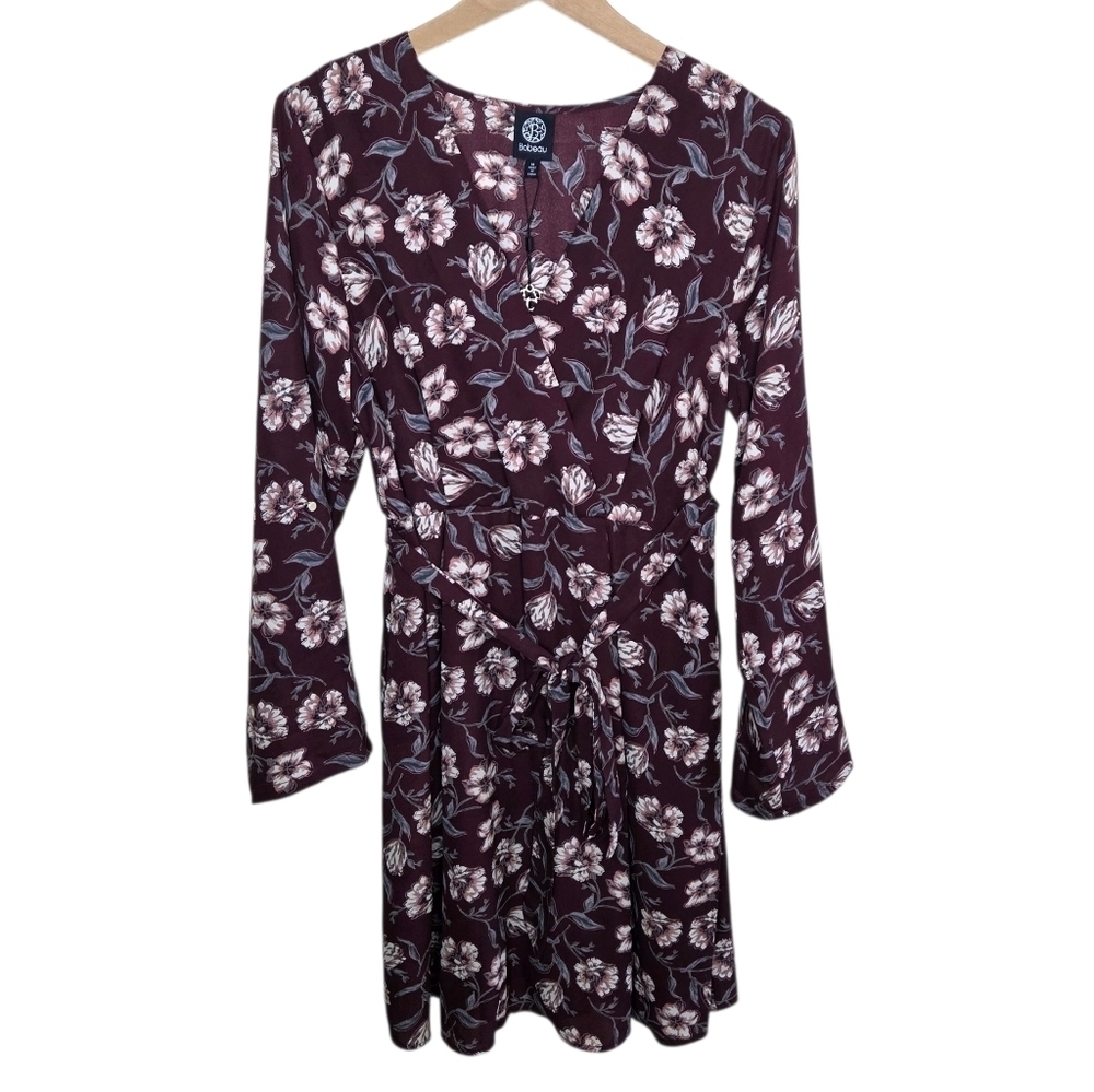 NWT Bobeau Burgundy Floral Print Long Sleeve Dress Size Medium Boho Cottagecore
